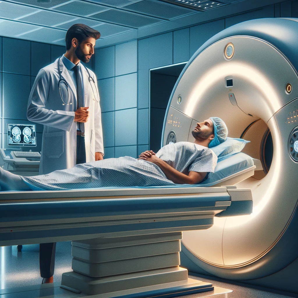 DALL·E 2024-01-03 19.33.17 - An image showing a radiologist and a patient in a modern MRI scan room. The radiologist, a Middle-Eastern woman, is dressed in professional medical at
