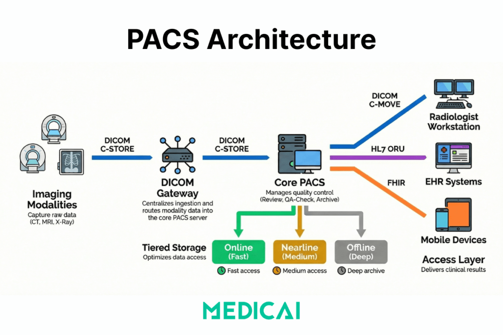 PACS architecture diagram showing four key components: imaging modalities, secure network, workstation, and archive