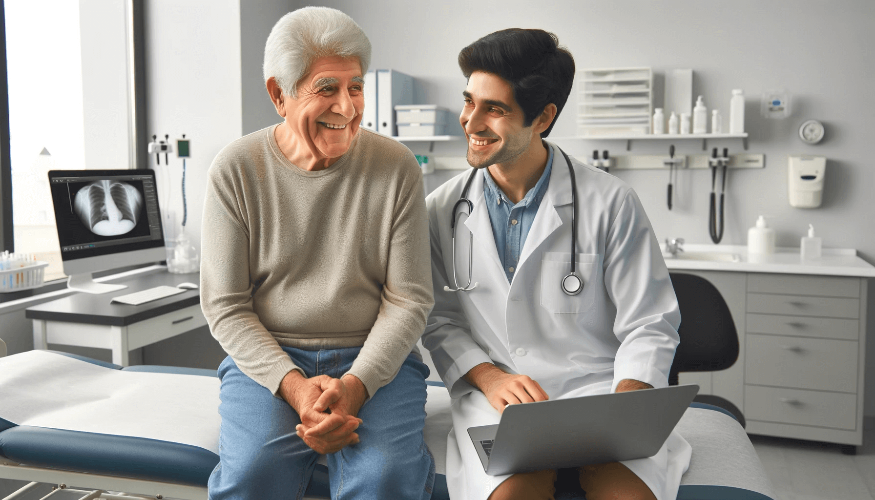 DALL·E 2023-12-07 23.19.31 - Une scène médicale chaleureuse et optimiste dans une clinique. Le patient est un homme hispanique âgé, assis sur un lit d'examen médical dans une clinique, ex
