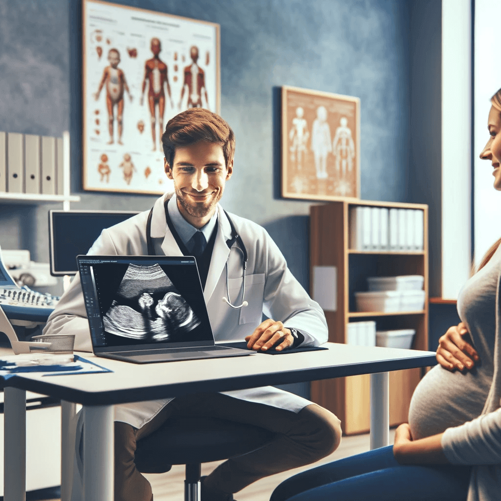 DALL·E 2024-01-17 01.11.41 - A modern, well-lit medical office scene. In the center, a professional doctor, dressed in a white coat with a stethoscope around their neck, is sittin